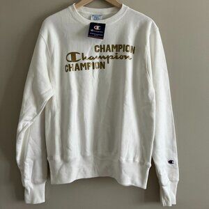Champion Gold Logo Crewneck Sweatshirt | White Pullover | NWT Size S